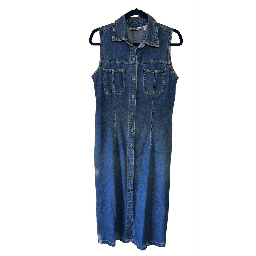 Bill Blass Jeans Blue Denim Maxi Dress Sleeveless Collared Button Pocket Long M